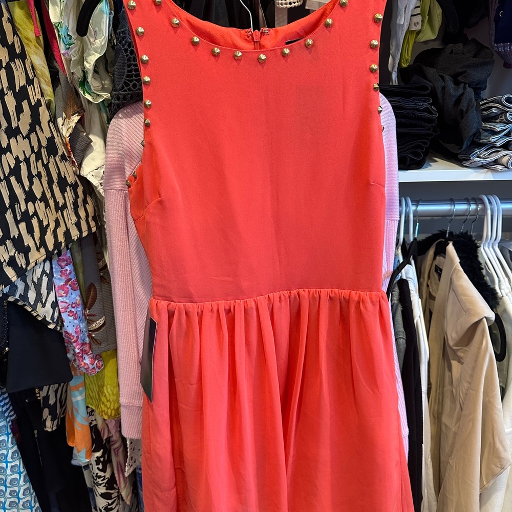 Bebe Stylish Coral Dress with Gold Studded Details